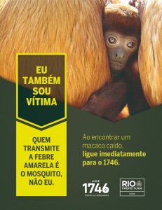 Banner da campanha em defesa dos macacos. Foto com macaco e um texto: Eu também sou vítima.